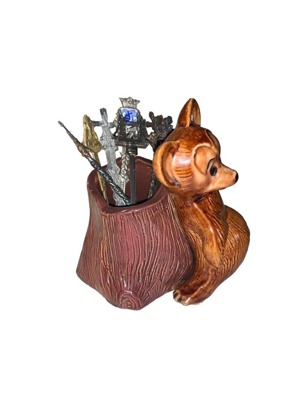 Vintage Brown Bear & Tree Stump Ceramic Spoon Holder flower vase